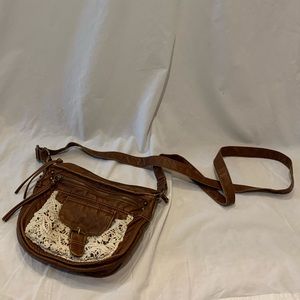 Brown Pleather Crossbody Bag with Lace and Bronze